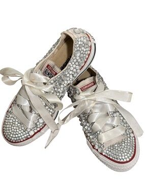 Converse Women's White Satin Crystal Low Top Sneakers